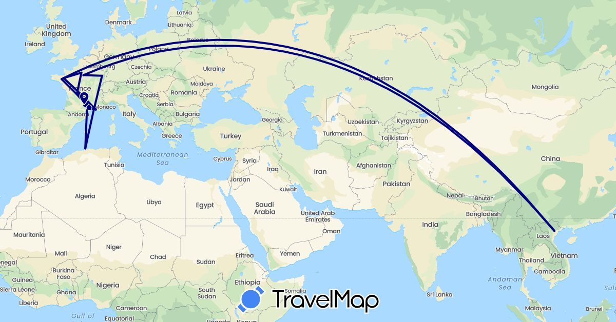 TravelMap itinerary: driving in Algeria, France, Vietnam (Africa, Asia, Europe)